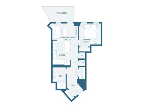 A floor plan of a one bedroom apartment.